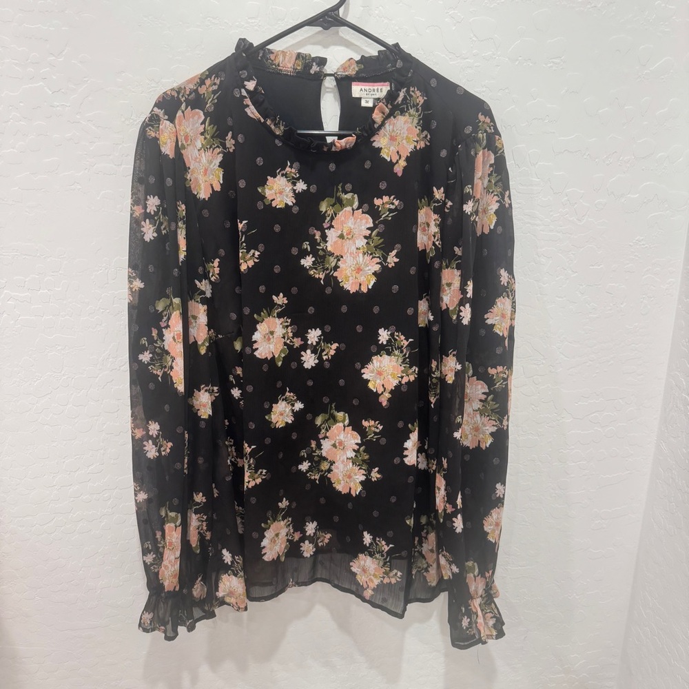 Andree by Unit Blouse Womens 3X Floral Business Casual Office Black Gold